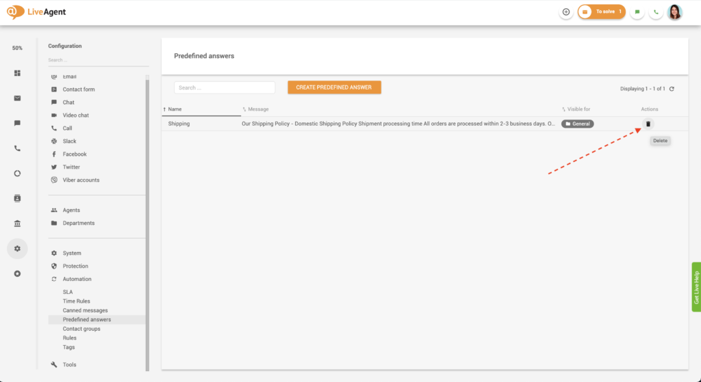 Eelmääratud vastuse kustutamine LiveAgentis