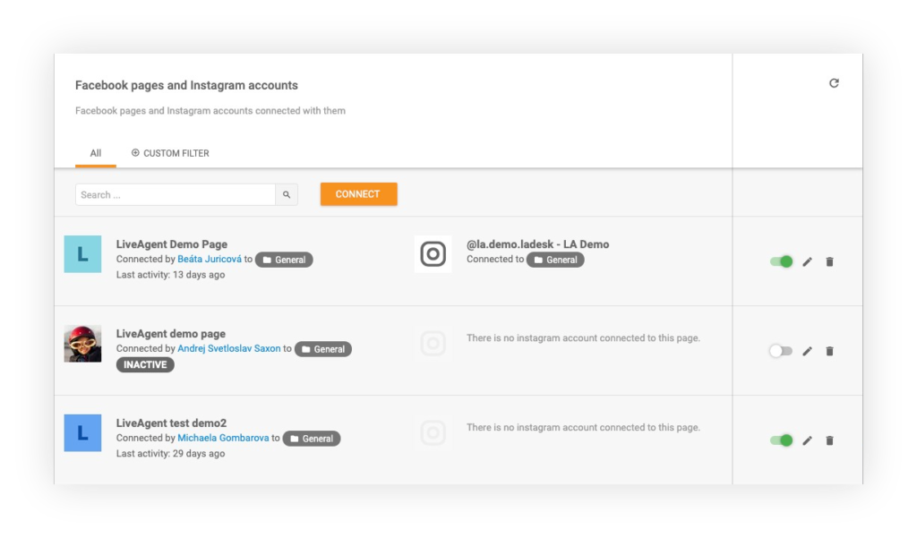 Facebooki ja Instagrami kontode ühendamine LiveAgentiga