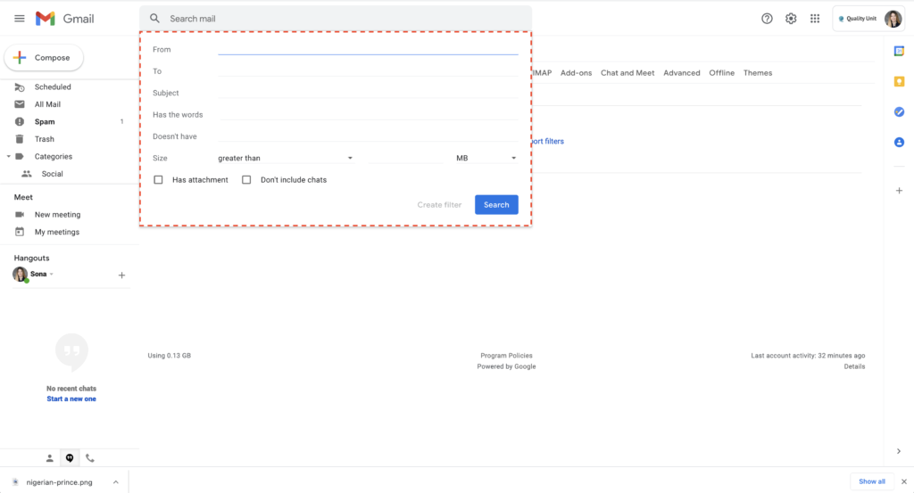 Gmail spam filtreerimise näide 2