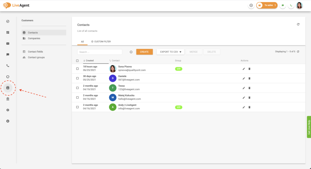 Kontaktide leidmine LiveAgentis