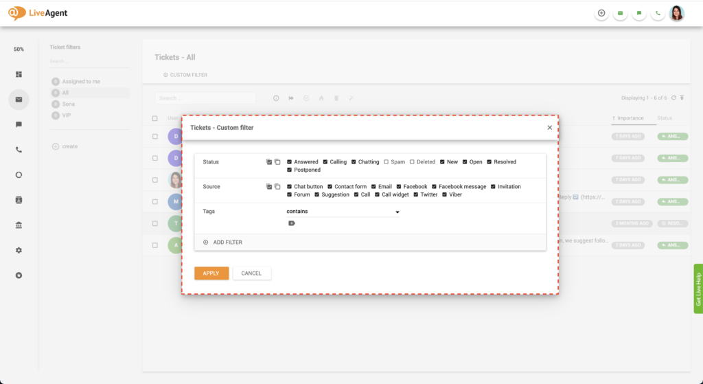 LiveAgent filtri väärtuste valimine