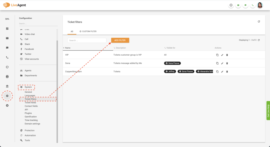 LiveAgent globaalse filtri loomine