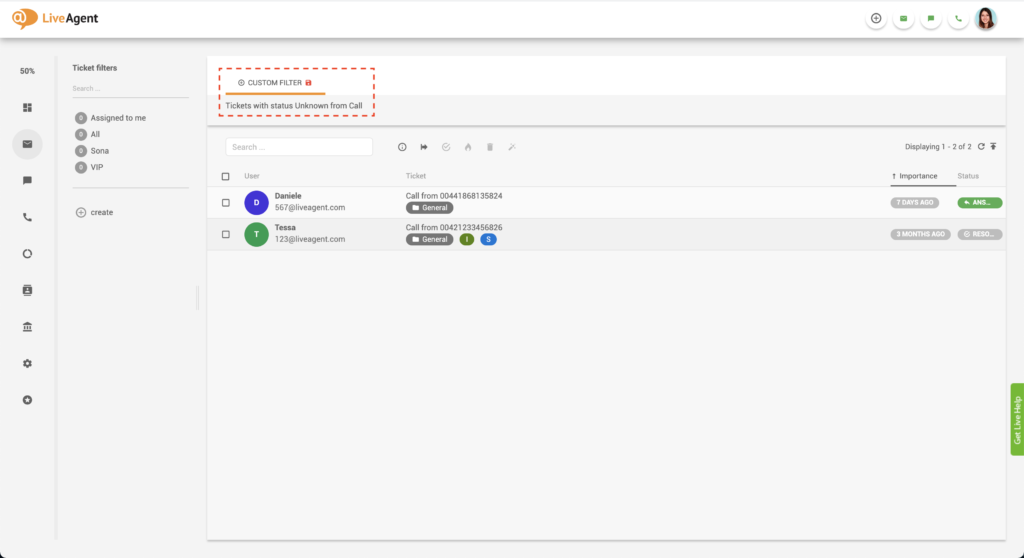 LiveAgent filtreerimata piletid