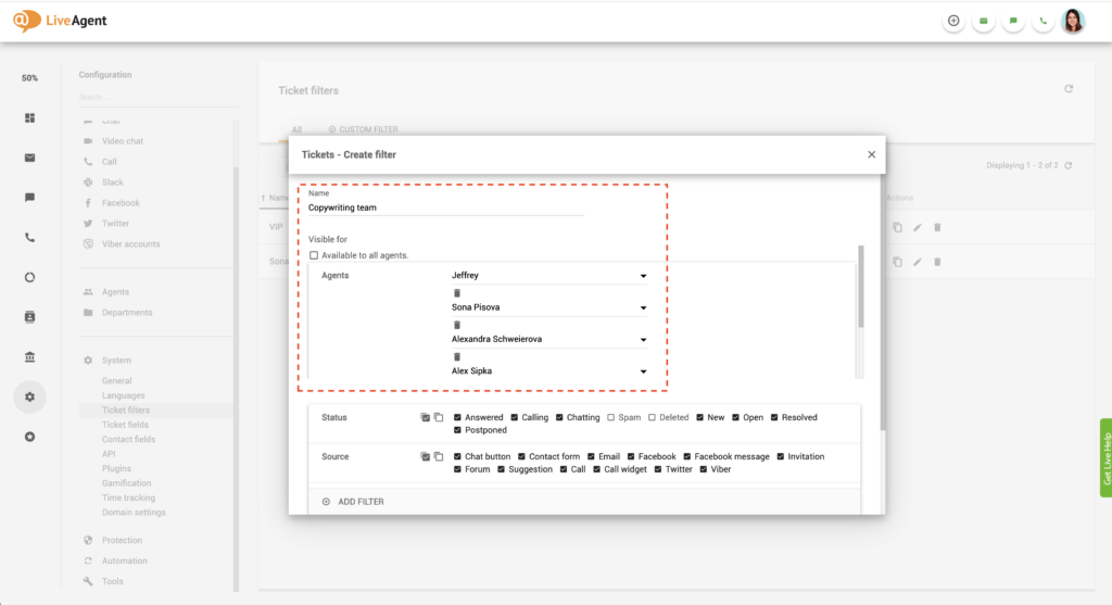 LiveAgent globaalne filter