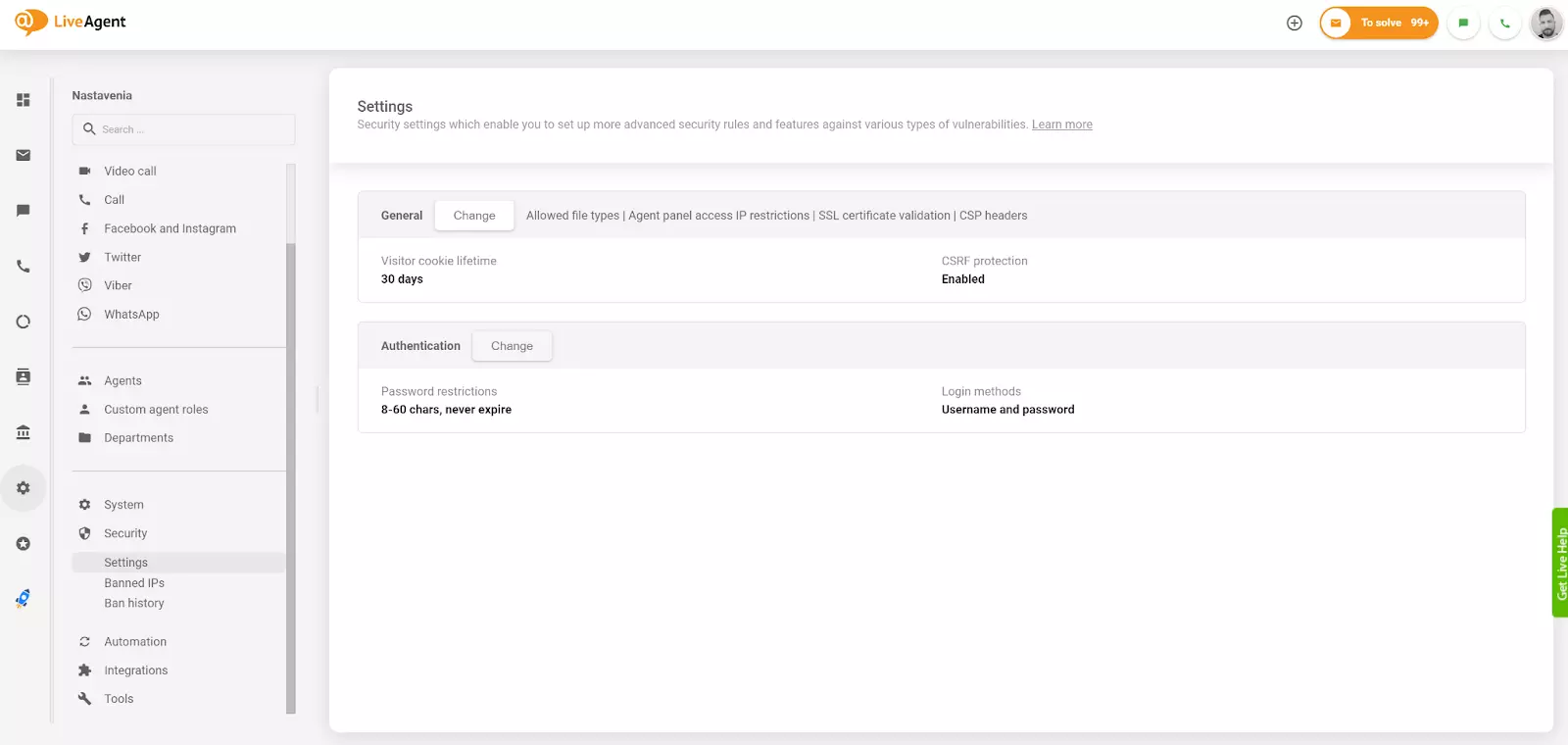 Autentimise seade muutmine LiveAgentis