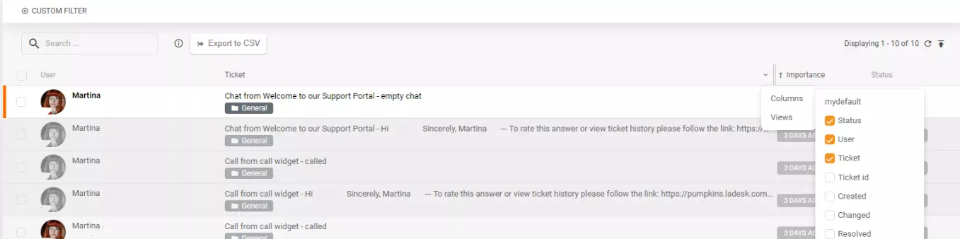 CSV export of specific columns or views