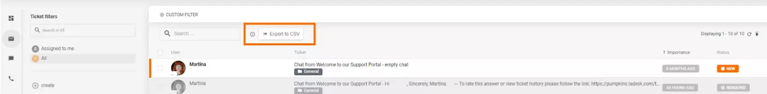 The CSV export in LiveAgent's ticketing system