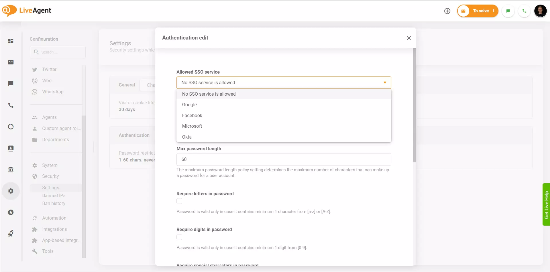 LiveAgent SSO providers