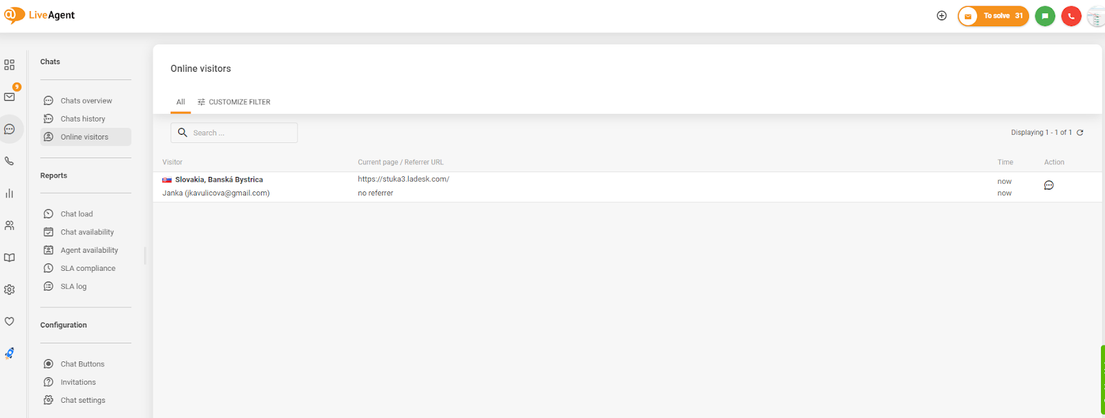 Veebisaidi külastaja jälgimise kuvatõmmis LiveAgentis