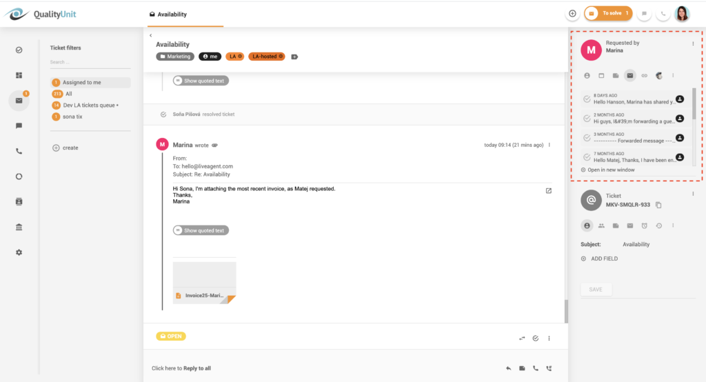 Suhtlusajalugu lõimedes - LiveAgent
