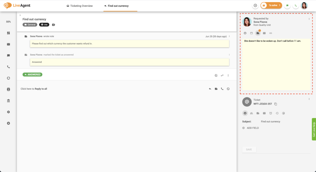 Märkused piletites - LiveAgent