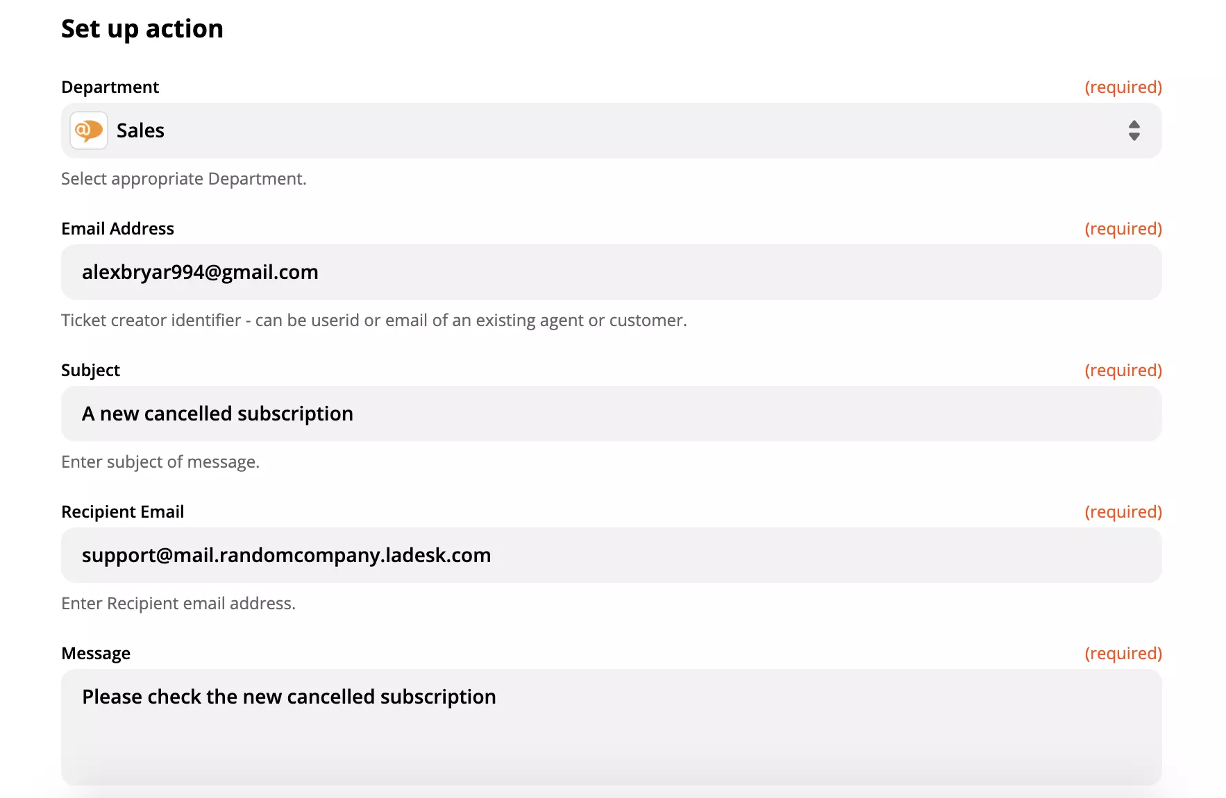 LiveAgent action seadistuse näide