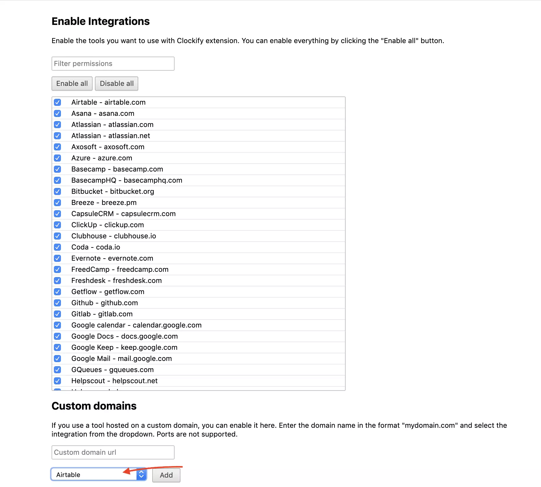 Clockify integratsiooni valik