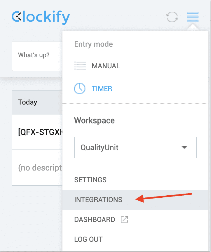 Clockify integratsioonide menüü