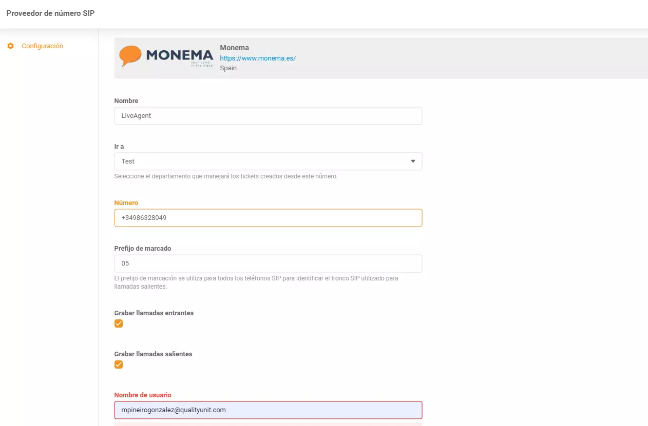 Monema LiveAgent integratsioon