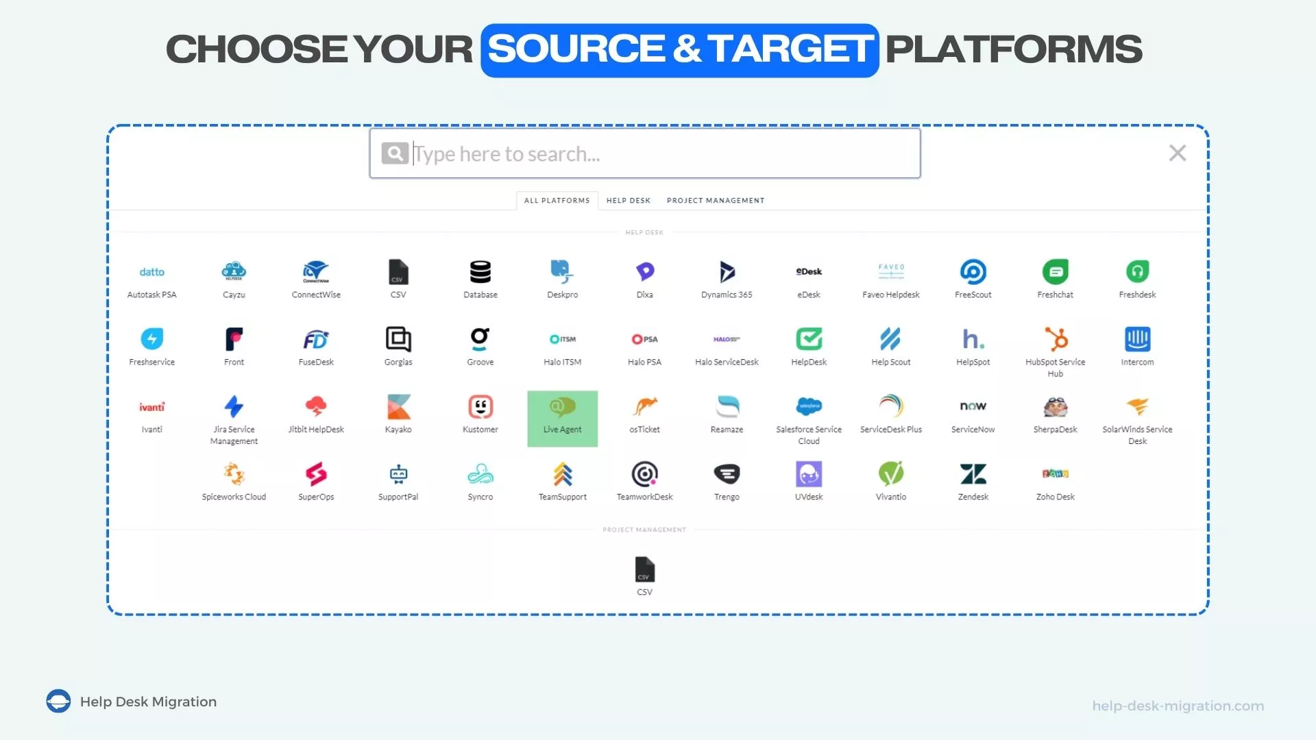 Toetatud platvormid Help Desk Migratsioonist