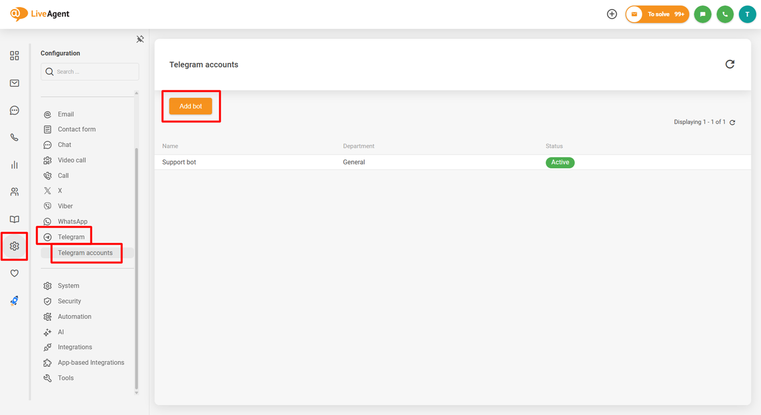 Ekraanipilt LiveAgenti Telegrami integratsiooni konfiguratsioonipaneelist, mis näitab Lisa bot nuppu