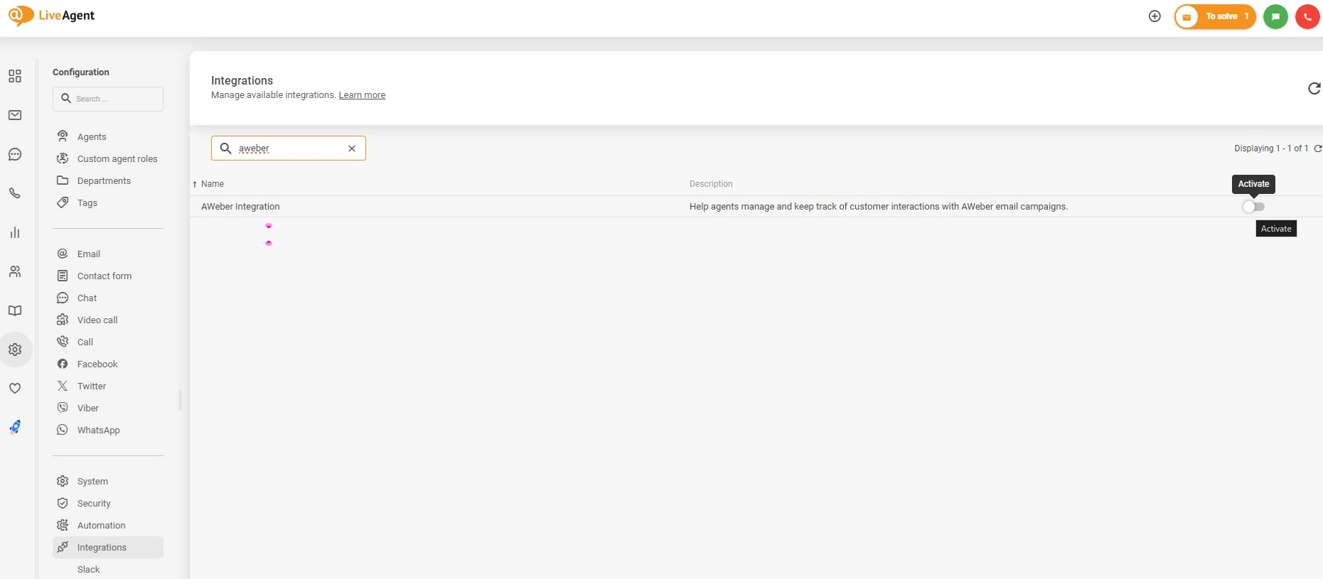 Aktiveeri AWeberi integratsioon LiveAgentis