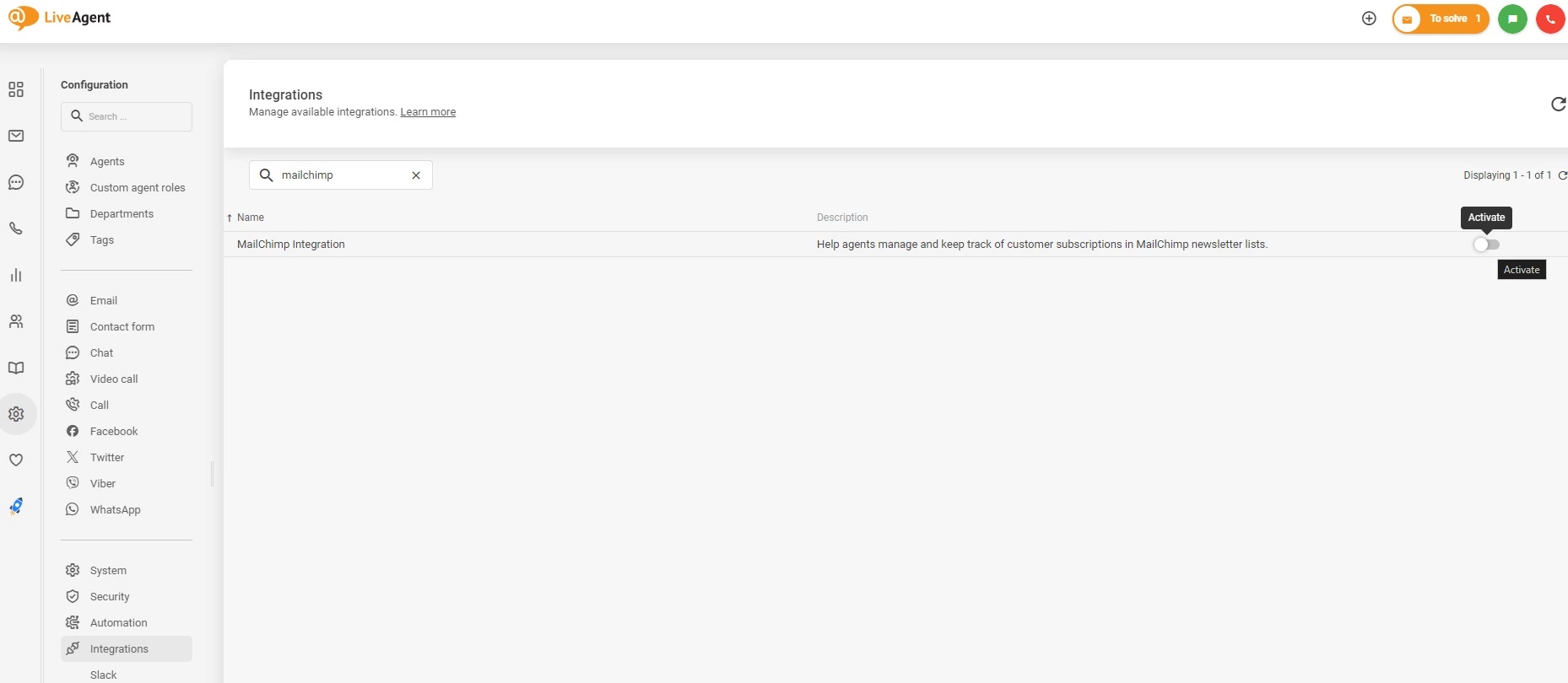 Mailchimp integratsioon LiveAgentis aktiveerida