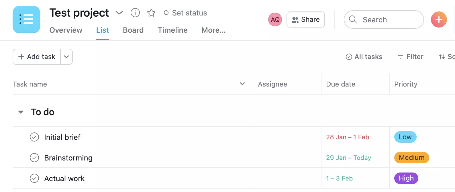 Asana projekti näide