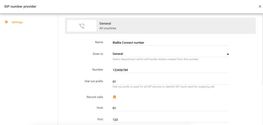 BlaBla Connecti integratsioon LiveAgenti kõne konfiguratsioonis
