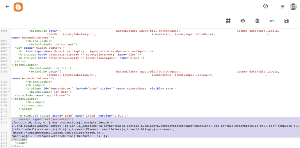 Blogger kood, kuhu on sisestatud vestluse nupu kood