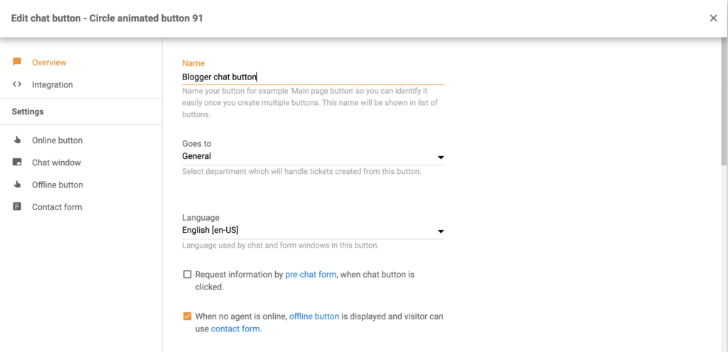 LiveAgenti vestluse nupu konfiguratsiooni mitme valikuga