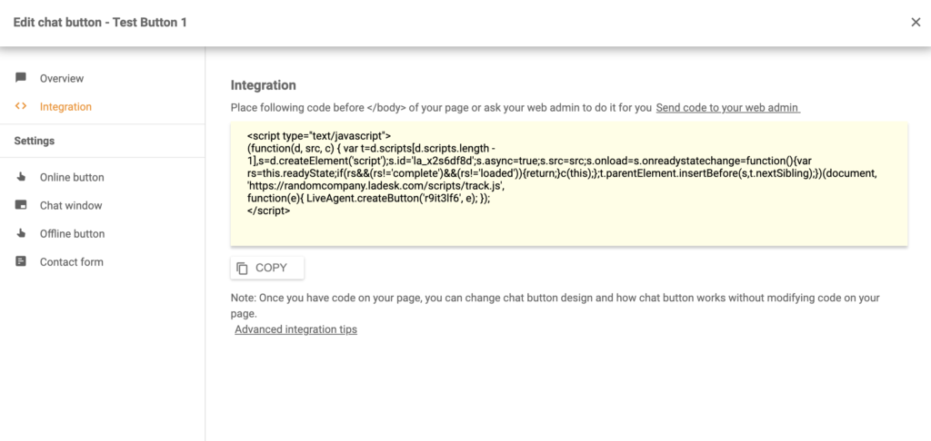LiveAgent'is loodud vestluse nupu kood