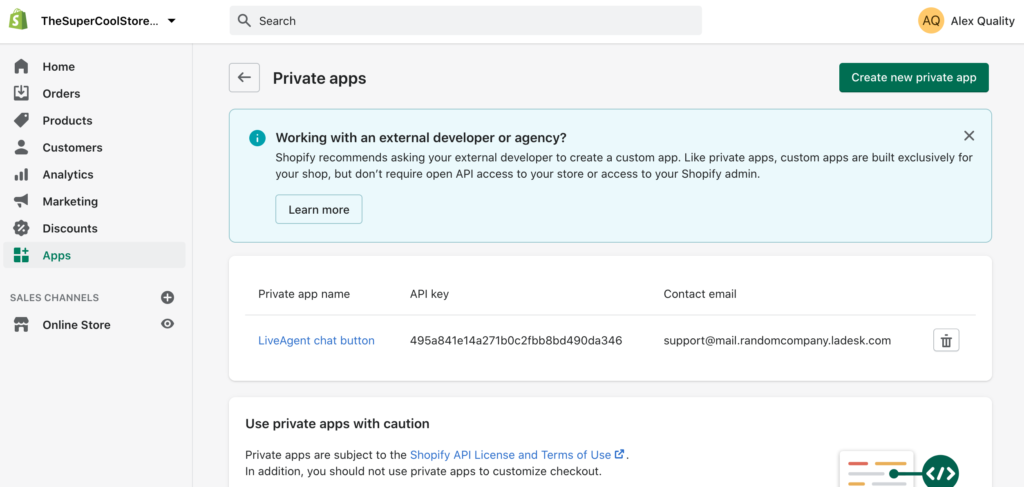 Looge uus privaatne rakendus Shopifys, et luua integratsioon LiveAgentiga