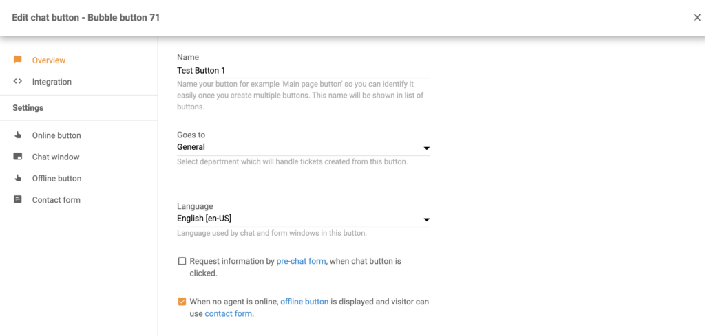 Vestluse nupu konfigureerimine Volusion'i integreerimise osana
