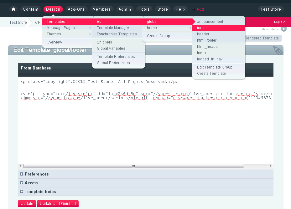 ExpressionEngine website code with the LiveAgent chat button code