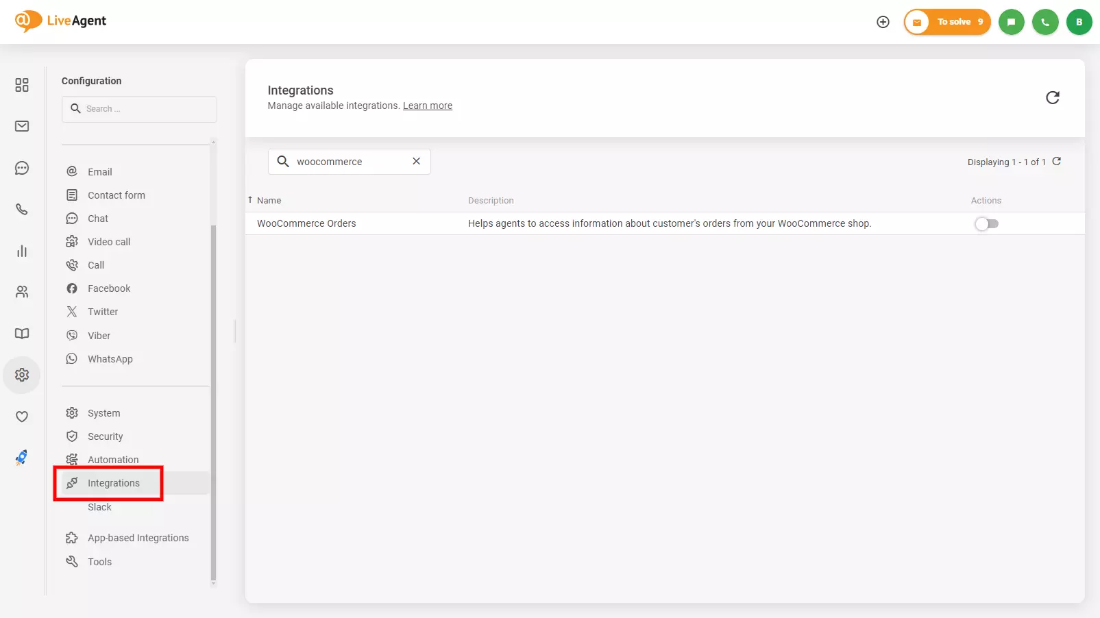 Pilt, mis näitab, kus leida WooCommerce integreerimist LiveAgentis