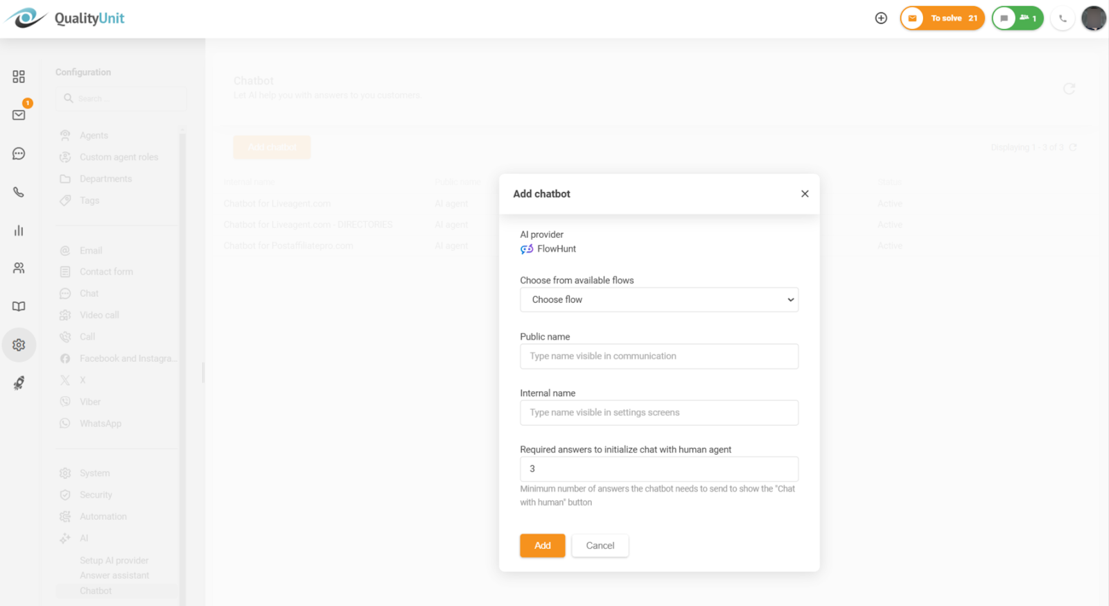 Minimaalsete nõutavate vastuste konfigureerimine enne inimese agendiga vestlemise võimaluse lubamist