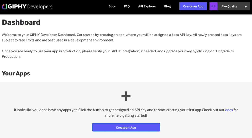 Giphy armatuurlaud rakenduse loomise valikuga API võtme genereerimiseks