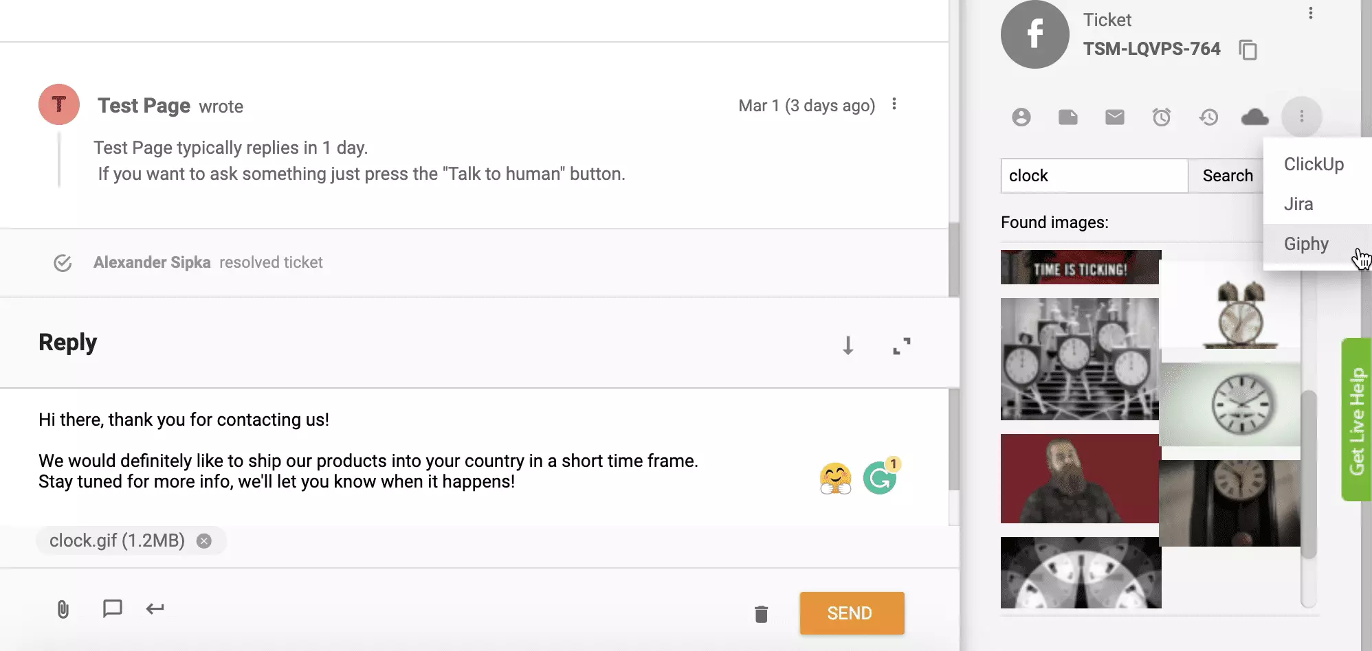 Giphy integratsioon aktiveeritud ja toimiv LiveAgent piletisüsteemis