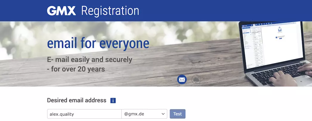 GMX registreerimislehekülg infoväljade ja