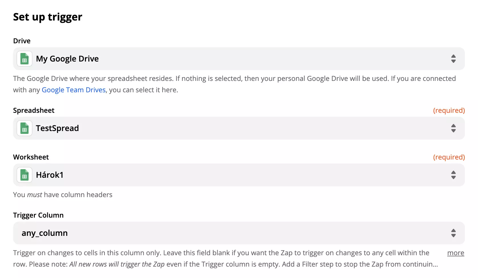 Google Sheetsi päästiku seadistamise valikud ja väljad