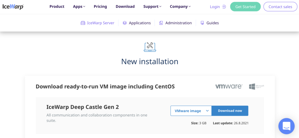 IceWarpi veebisait paigalduse jaotisega ja allalaadimise linkidega