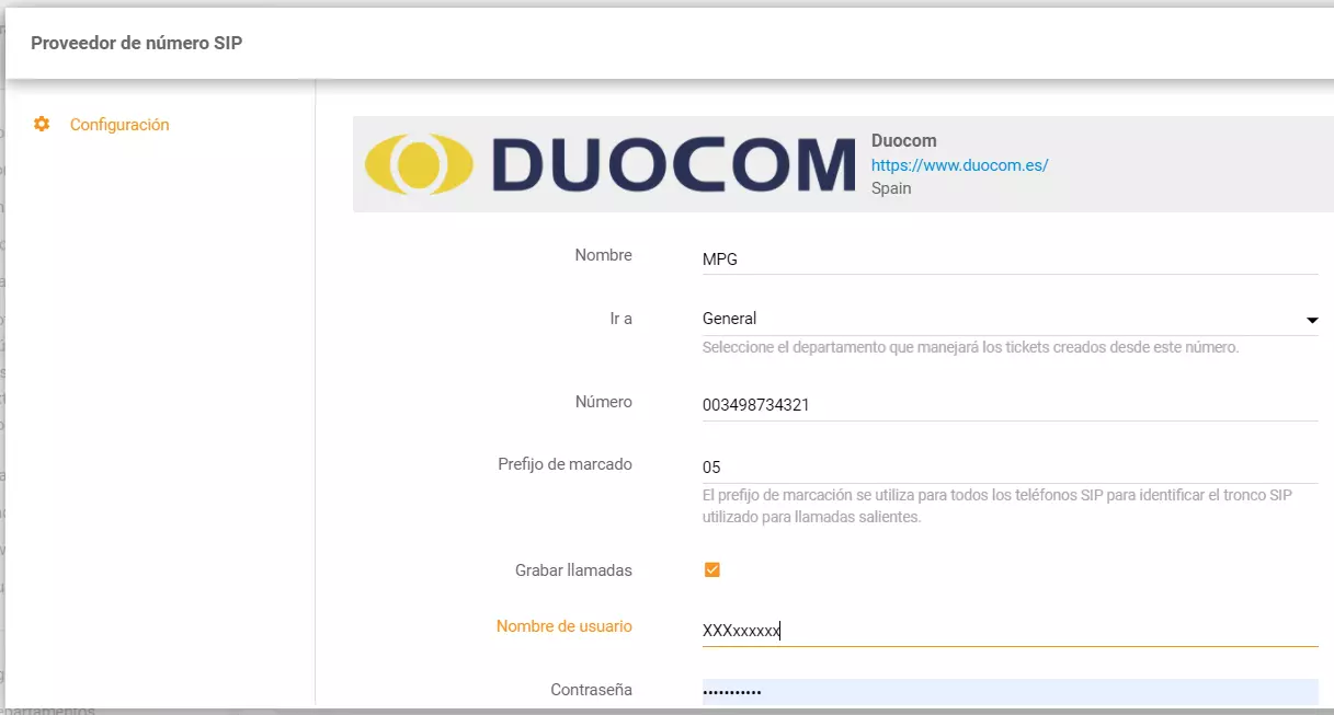 Duocom telefoninumbri konfigureerimine LiveAgentis