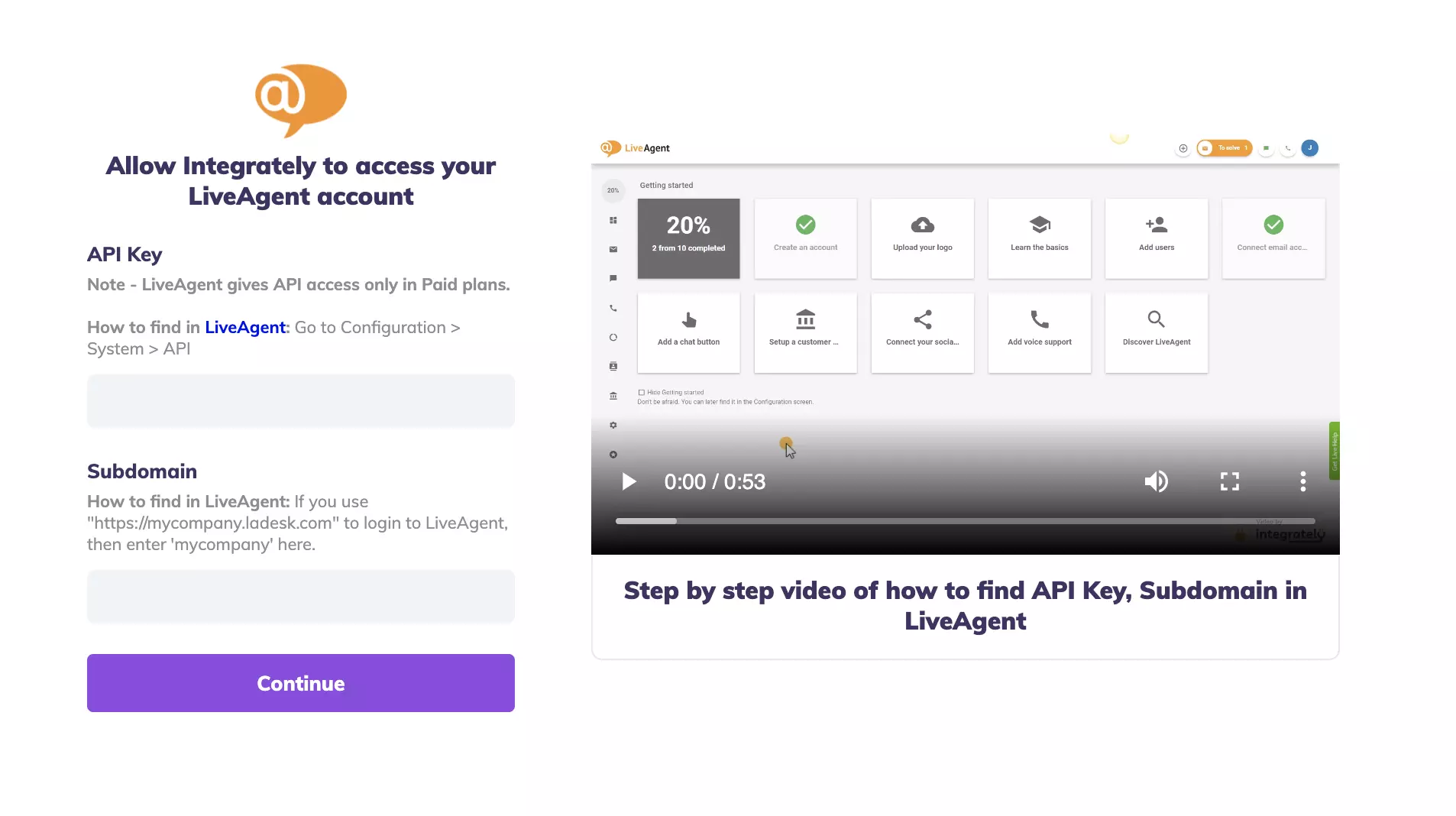 API võtme ja alamdomeeni väljad Integrately integratsiooni testimisel
