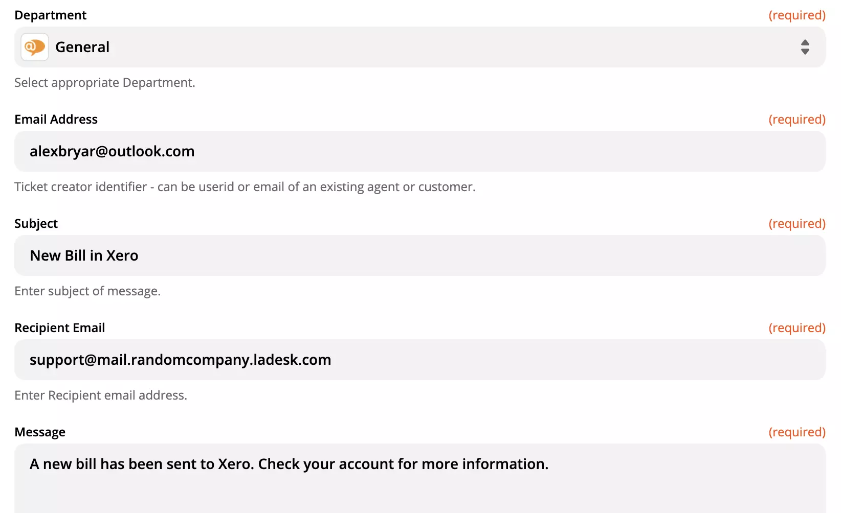 LiveAgent tegevuse konfiguratsiooni valikud Zapieri saidil