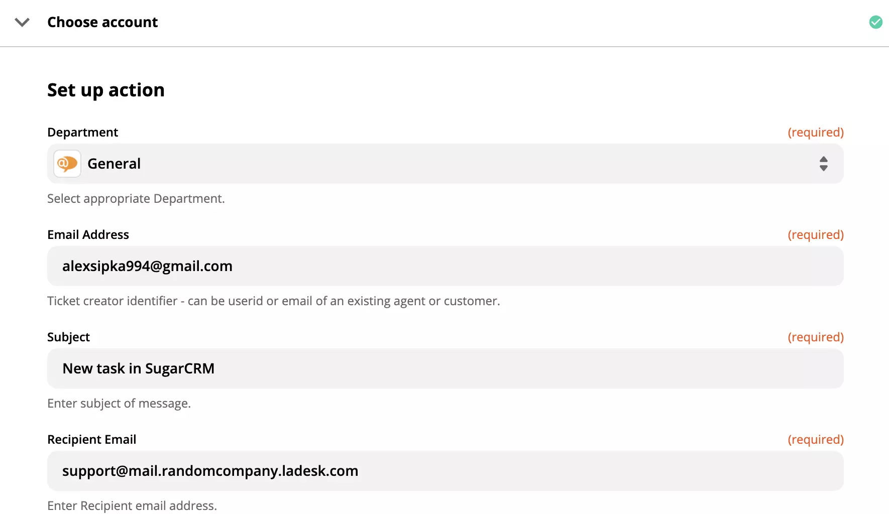 LiveAgenti toimingu seadistamine nõutavate väljadega