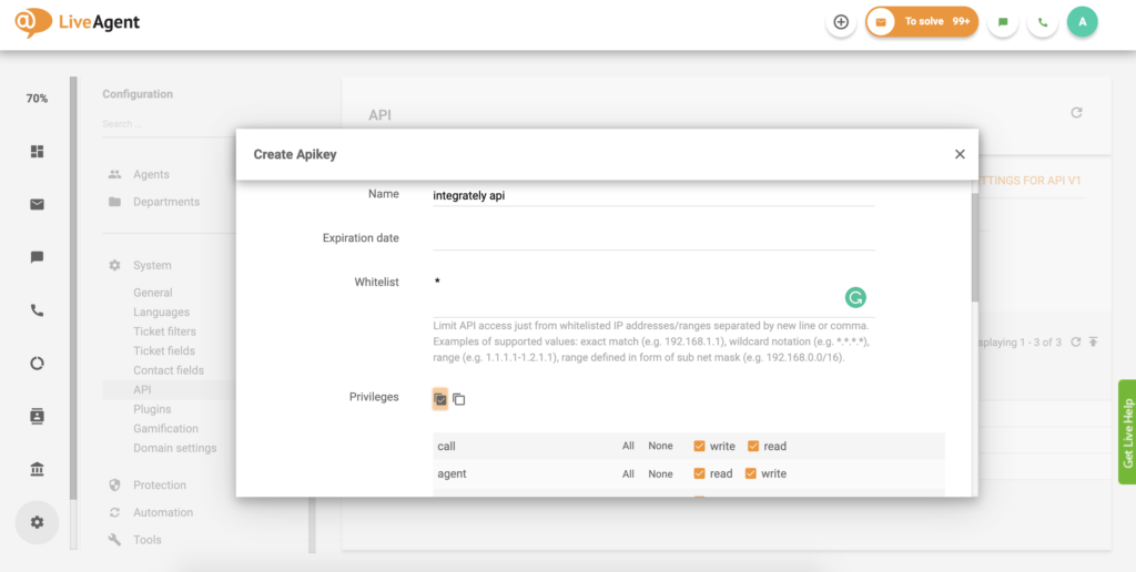API võtme seadistamine LiveAgentis