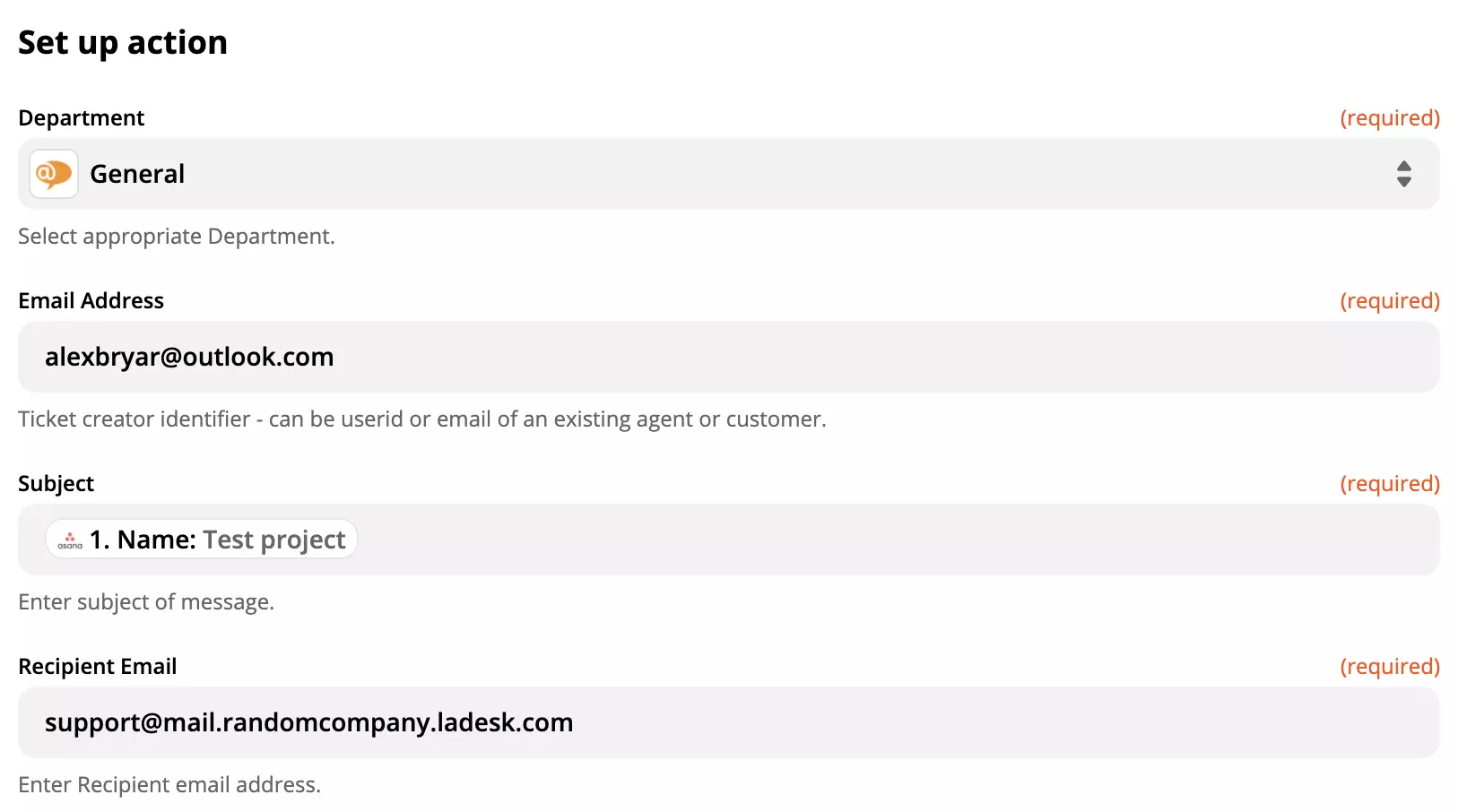 LiveAgenti toimingu seadistamine Asana integreerimises Zapieris