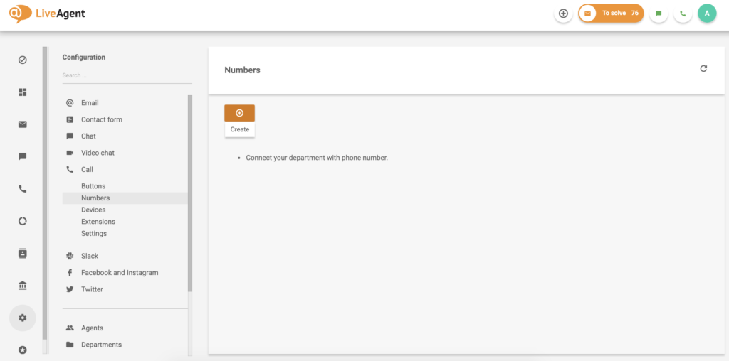 Uue numbri loomise valik LiveAgenti konfiguratsioonis