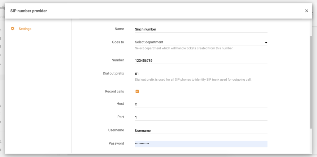 Sinchi numbri konfiguratsioon LiveAgentis