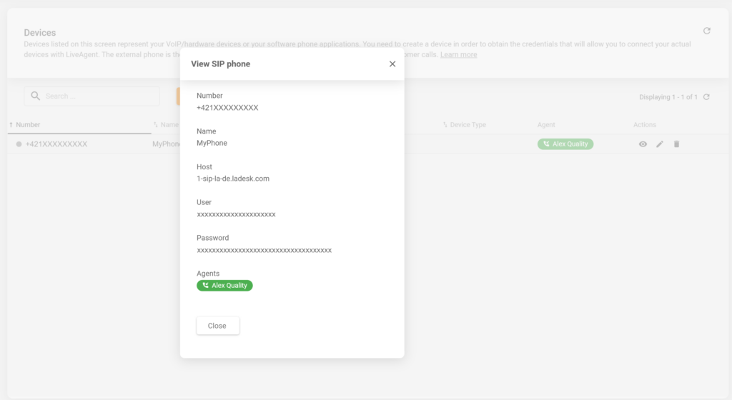 Äsja loodud SIP telefoni üksikasjad LiveAgent konfiguratsioonis