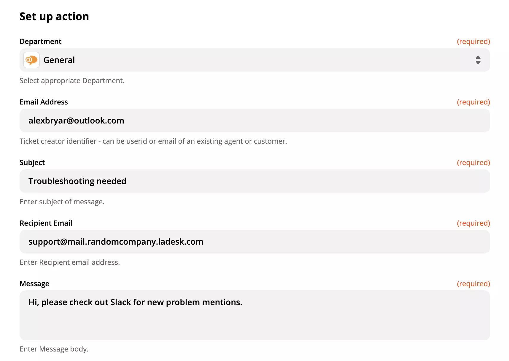 Täidetud LiveAgenti tegevuse konfiguratsioon