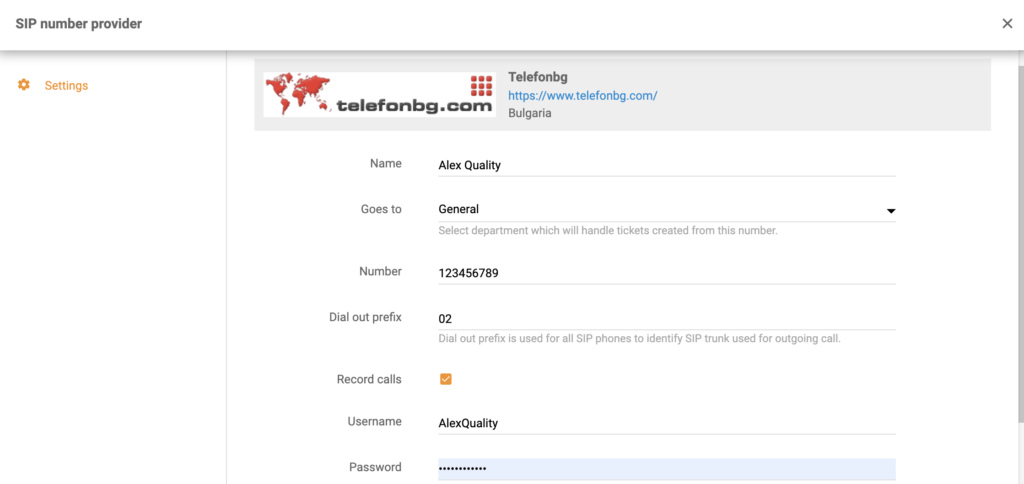 TelefonBG seadistamine uue kõnekeskuse numbri lisamisel LiveAgentis