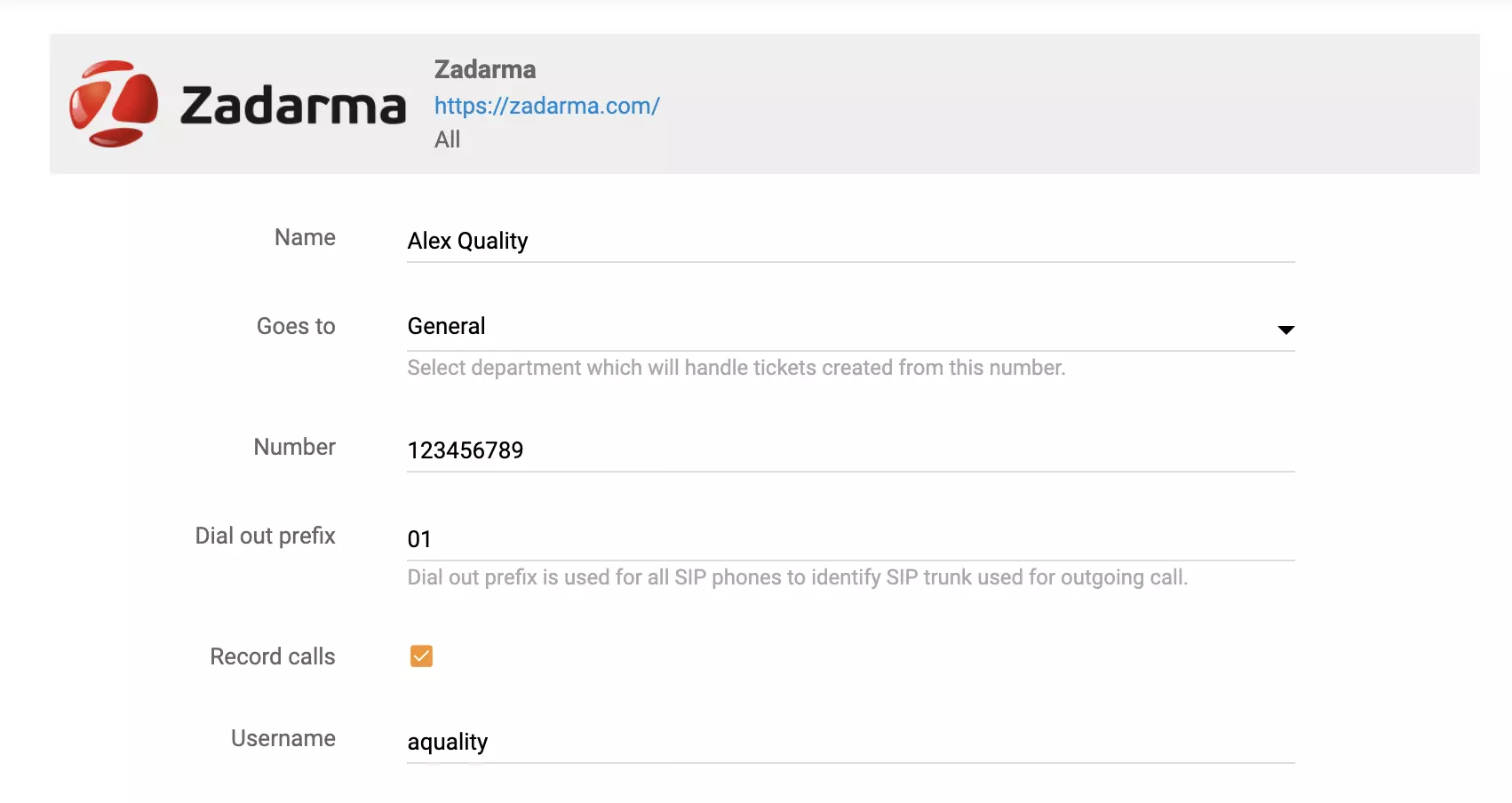 Zadarma kõne seadistamise valikud LiveAgentis